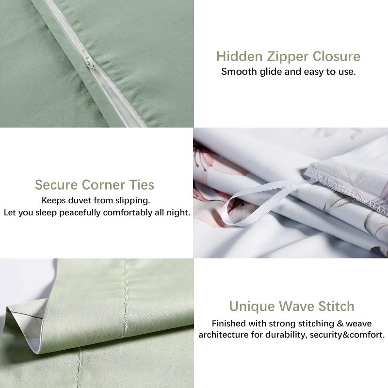 MILDLY 100% Long-Staple Cotton Duvet Cover Set White Green Floral Leaves Pattern Printed Comforter Cover 3pcs, Ultra Soft & Breathable Bedding Set - Image 5